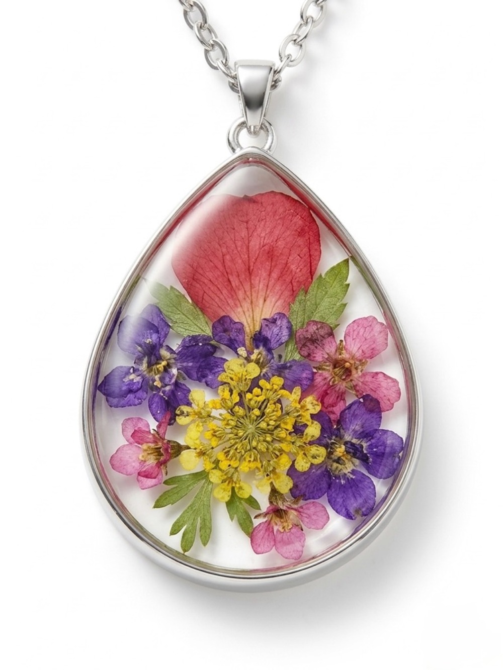 Taxco Mexico Real Pressed Flower Teardrop Necklace Silver Plate NIB Mother's Day - Picture 3 of 5
